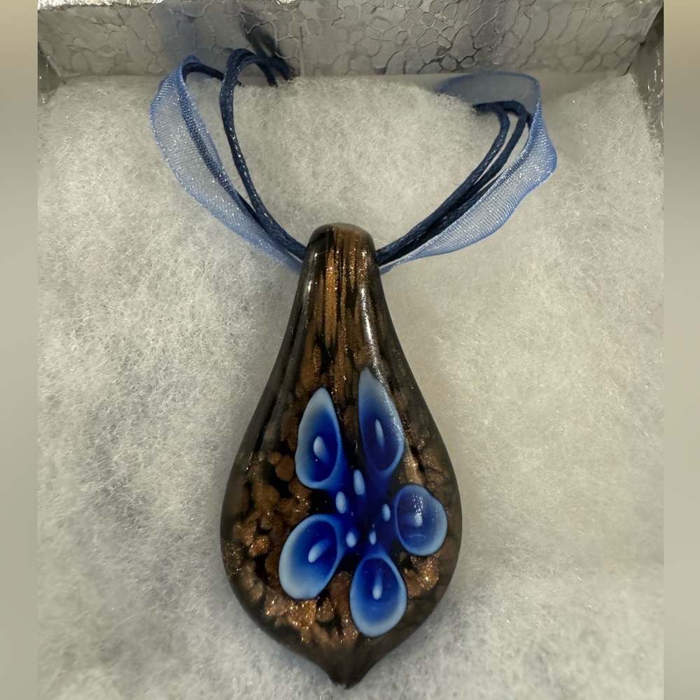 Blown Glass Pendent Necklace With Blue Flower Design